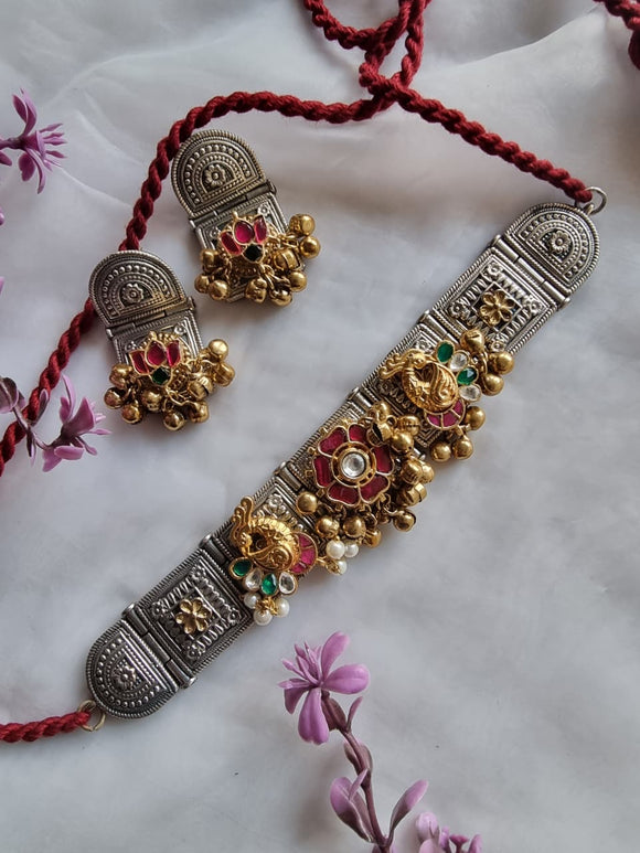 Suprabha , Oxidised Silver Finish Fusion Choker Necklace Set for women -SHRI001CN