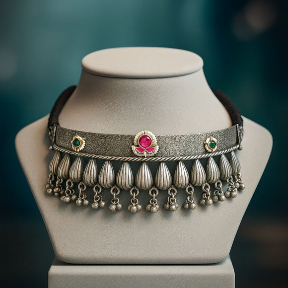 Hashmitha , Oxidised Siver Finish Fusion Choker Necklace for this Navratry Season 2025-SHRI001NS