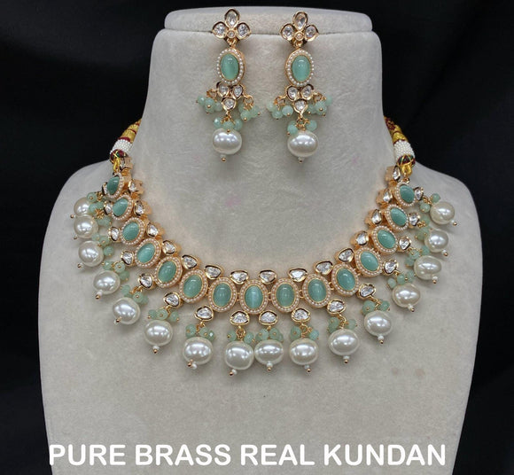 Avantika , elegant Kundan Necklace Set With Pastel Green stones  for women -AKC001KNA