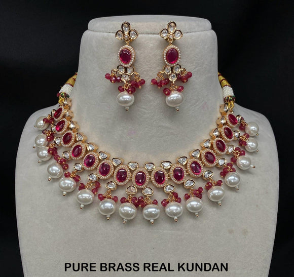 Sukanya , elegant Kundan Necklace Set With Maroon stones for women -AKC001KNC