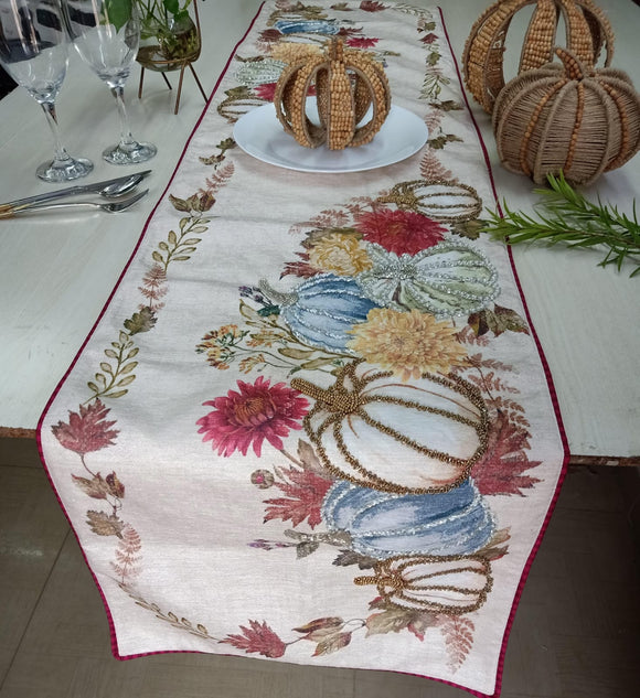 Pumpkin Love , Digitally printed pumpkins velvet fabric runner with beadwork-AKSH001PBR