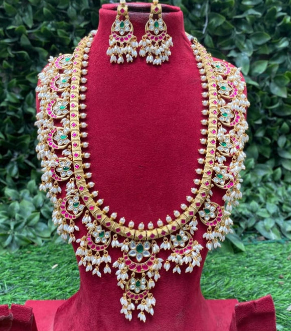Bramarambika , Beautiful Gold Jewellery Finish Guttapusalu Long Necklace Set for Women -AKC001GP