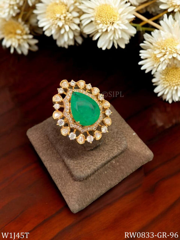 Padmarani , Gold Finish Green stone studded Designer Finger Ring for women -JAYDU001GR