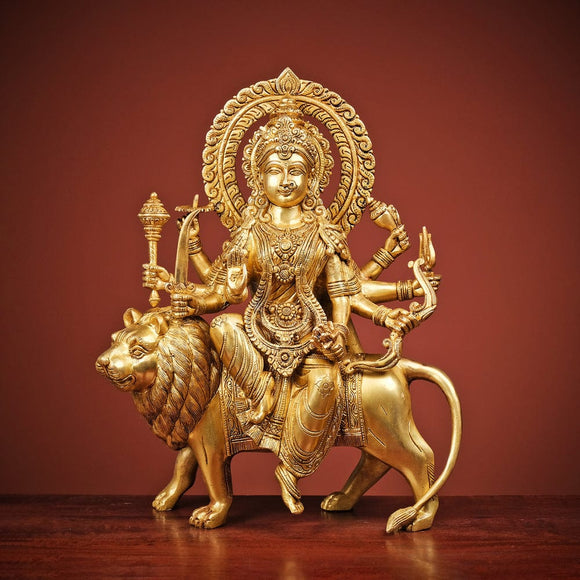 Beautiful Goddess Durga Sitting on Lion Brass Statue-ANUB001DM