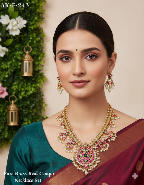 Madhuri , Matte Gold Finish Pure Brass Real Kemp Stone Necklace Set for women -AK001RK