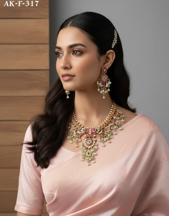 Roopini , Matte Gold Finish Pure Brass Real Kemp Stone Necklace Set for women -AK001RKA