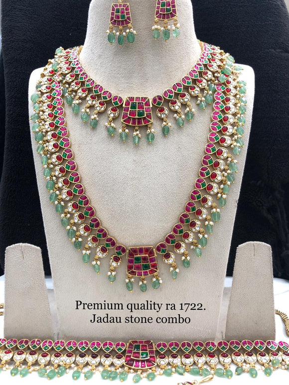 Ojaswi ,Antique Gold Finish  Elegant Jadau Stone Double Necklace Set Combo with Hip Belt -SHAKI001BJC