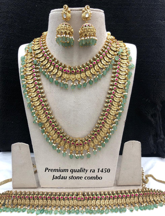 Vanamala ,Antique Gold Finish Elegant Jadau Stone Double Necklace Set Combo with Hip Belt -SHAKI001BJCA