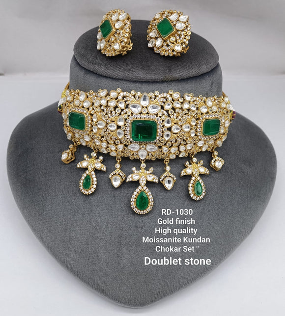 Tamannah , Gold Finish Moissonite Stone Studded Choker Necklace Set for Women -JAYDU001MC