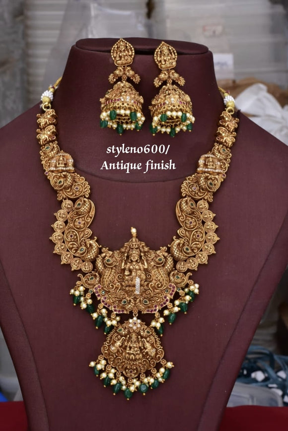 Arundathi,  elegant Antique Gold Finish Long  Temple Necklace Set / Haram for women -SHAKI001JKA