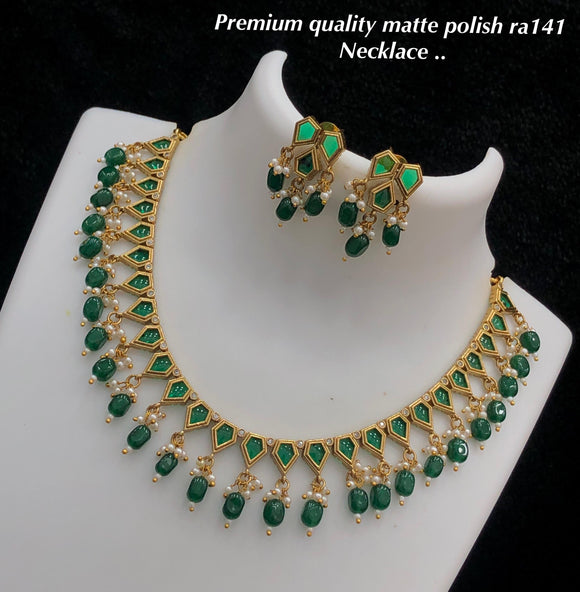 Romila , elegant  matte gold finish Green stone  Necklace Set for Women -SHAKI001MGE