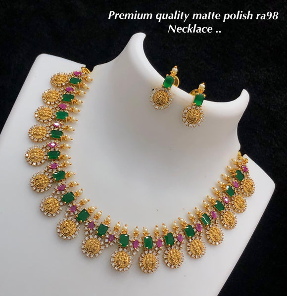Romila , elegant  matte gold finish Green stone  Necklace Set for Women -SHAKI001MGE
