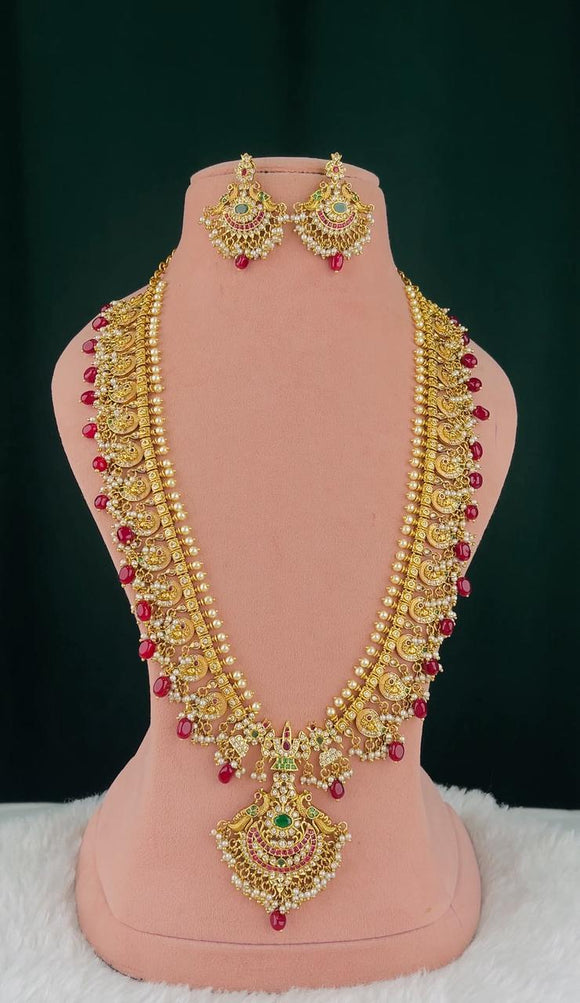 Pavithra , Gold Finish Long Gutapusalu Necklace Set for Women -TR001GP