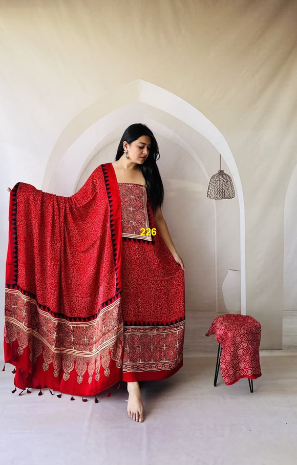 Janani , Pure Modal Silk Ajrakh Hand Block Printed Suits with Duppatta with Tassels-DEEP001SSJ