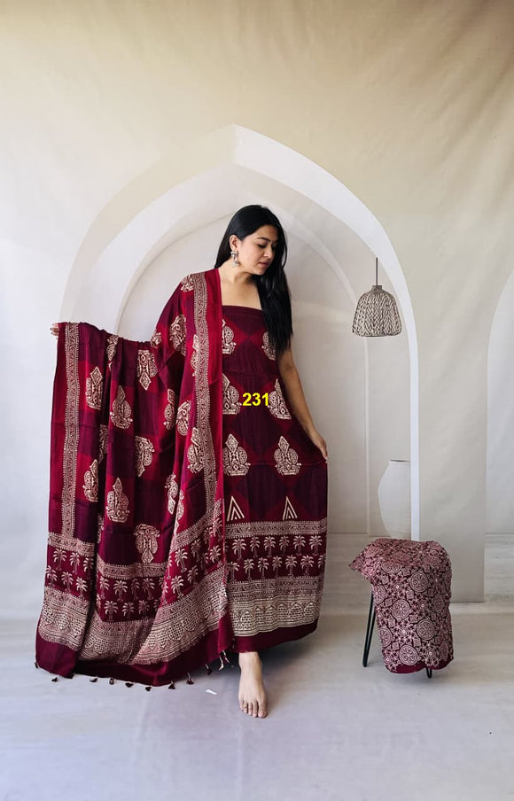 Gayatri , Pure Modal Silk Ajrakh Hand Block Printed Suits with Duppatta with Tassels-DEEP001SSG