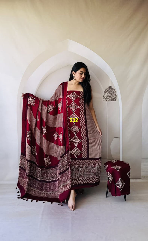 Hansika , Pure Modal Silk Ajrakh Hand Block Printed Suits with Duppatta with Tassels-DEEP001SSH