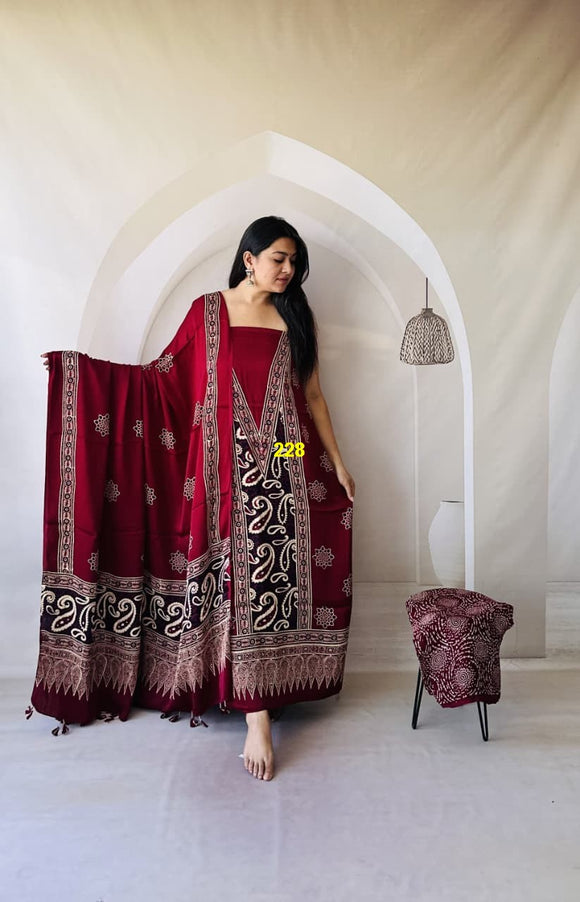 Suparna , Pure Modal Silk Ajrakh Hand Block Printed Suits with Duppatta with Tassels-DEEP001SSE