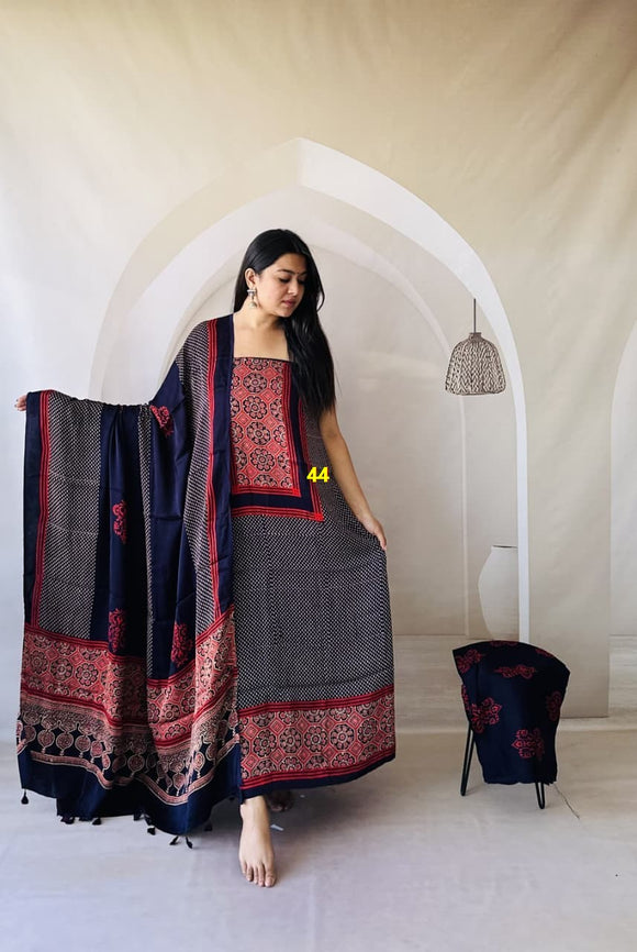 Aparna , Pure Modal Silk Ajrakh Hand Block Printed Suits with Duppatta with Tassels-DEEP001SSF