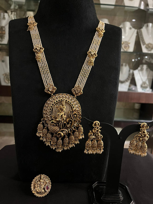 Rajashri , Matte Gold Finish Beautiful Long Temple Necklace Set for Women -SANDY001TNA