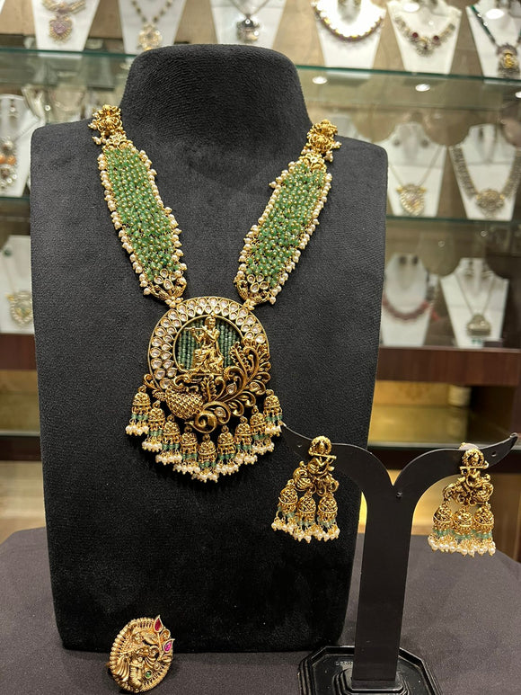 Urvashi , Matte Gold Finish Beautiful Long Temple Necklace Set for Women -SANDY001TNB