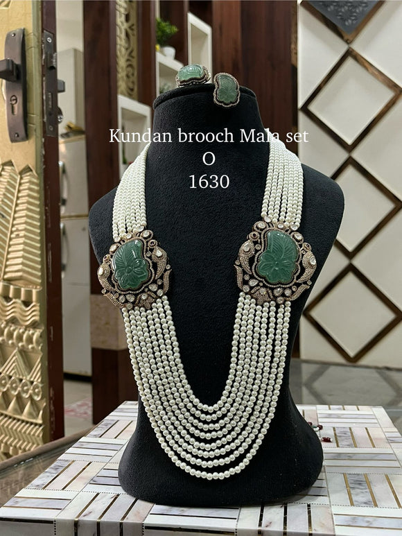 Malini , elegant Layered Pearl Long Haaram with Kundan Brooch-JAYDU001KBM