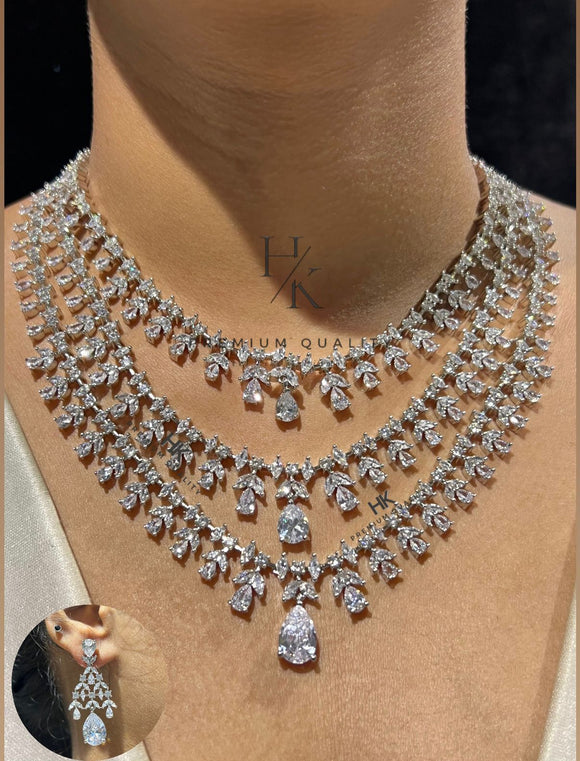 Pallavi , Platinum Finish Diamond layered necklace with earrings for Women -SANDY001DN