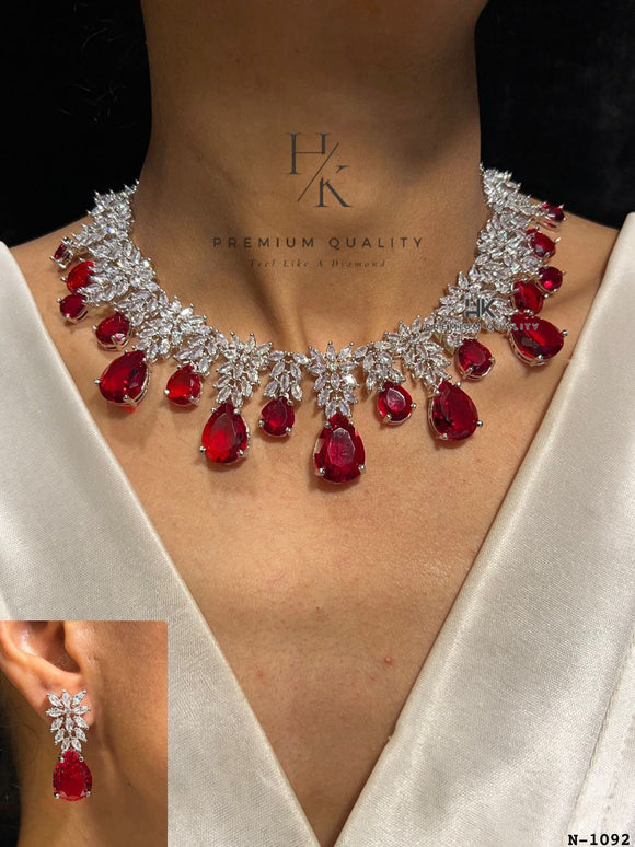 Rosanna , Platinum Finish  Diamond necklace Set with Deep Ruby Stones -SANDY001RN