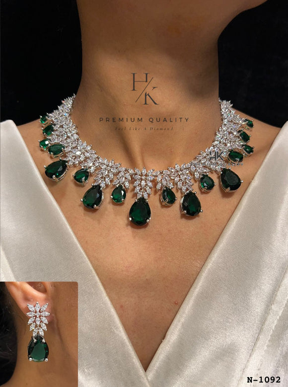 Greenbee ,Platinum Finish Diamond necklace Set with Deep Green Stones -SANDY001RNG
