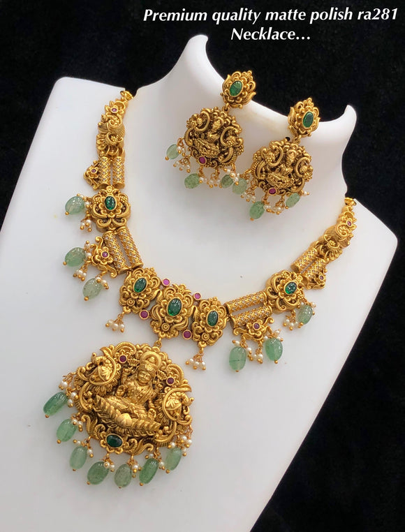 Supriya , Matte Gold Finish Necklace Set with Green Bead Hangings for women -SHAKI001GSB