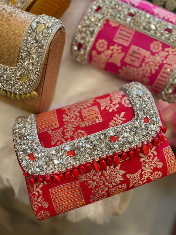 Deepika , elegant Brocade Clutch Bag with Bead Hangings for women -AKS001CBA