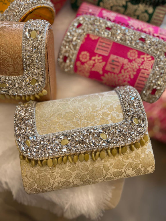 Ashmika , elegant Brocade Clutch Bag with Bead Hangings for women -AKS001CB