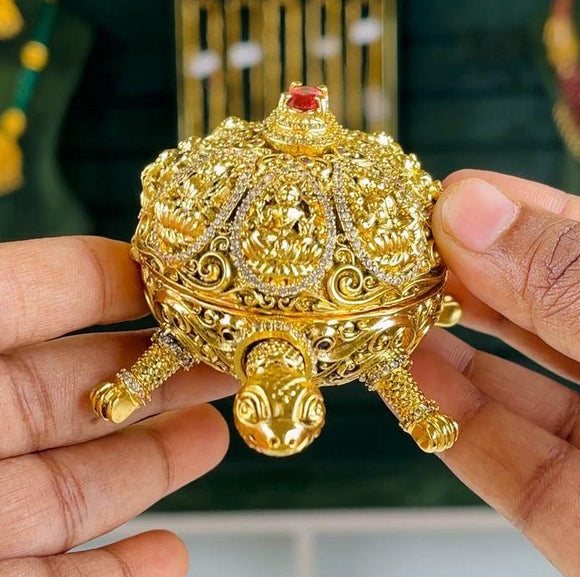 Pink  stone studded Gold Finish Beautiful Intricate Carving Turtle  design Kumkum Dabbi / Sindoor Dabbi for Gifting -TREN001GTP