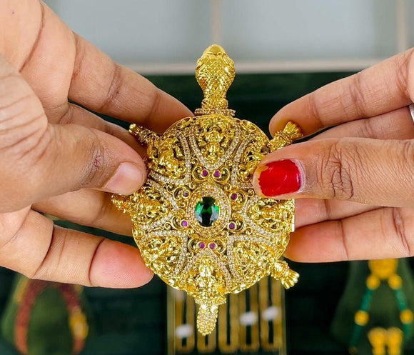 Green stone studded Gold Finish Beautiful Intricate Carving Turtle  design Kumkum Dabbi / Sindur Dabbi for Gifting -TREN001GT