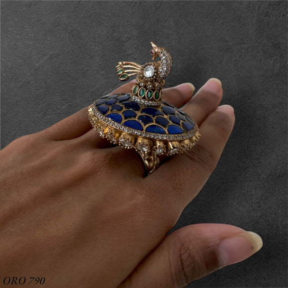 Suhasini , elegant Gold Finish Statement Blue  Kundan Finger Ring for women -JAYDU001FRB