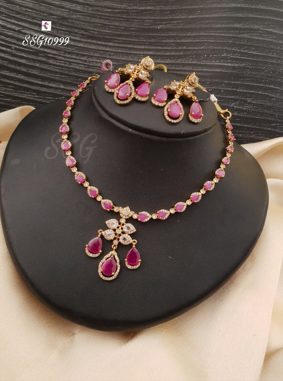 Madhubala , Gold Jewellery Finish Beautiful Pink Ruby Shade stone Necklace Set for women -LR001RN