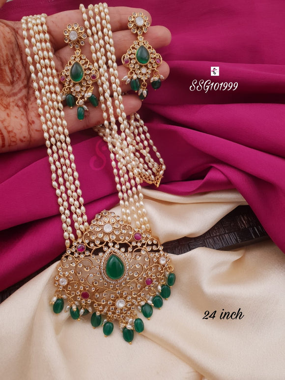 Sindura , elegant Gold Finish Long Pearl Necklace set for women -LR001LPN