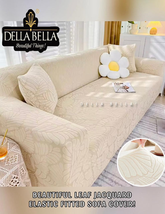 Cream Shade Beautiful Leaf Design Jacquard Elastic Fitted Sofa Cover Set -CT001SCC