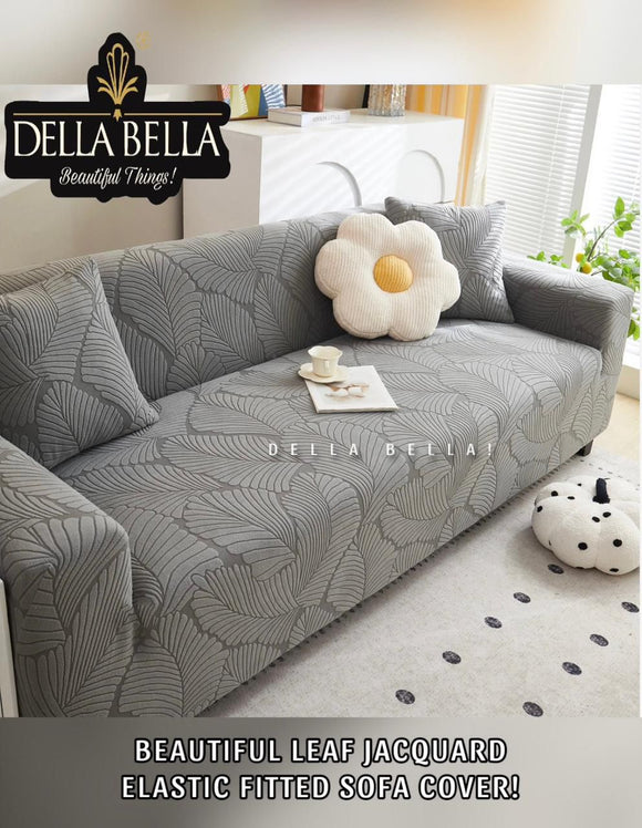 Grey Shade  Beautiful Leaf Design Jacquard Elastic Fitted Sofa Cover Set -CT001SCG