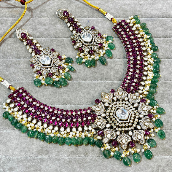 Navneetha , Premium  Moissanite  Stone Necklace set with Flourite beads for women -SANDY001MF