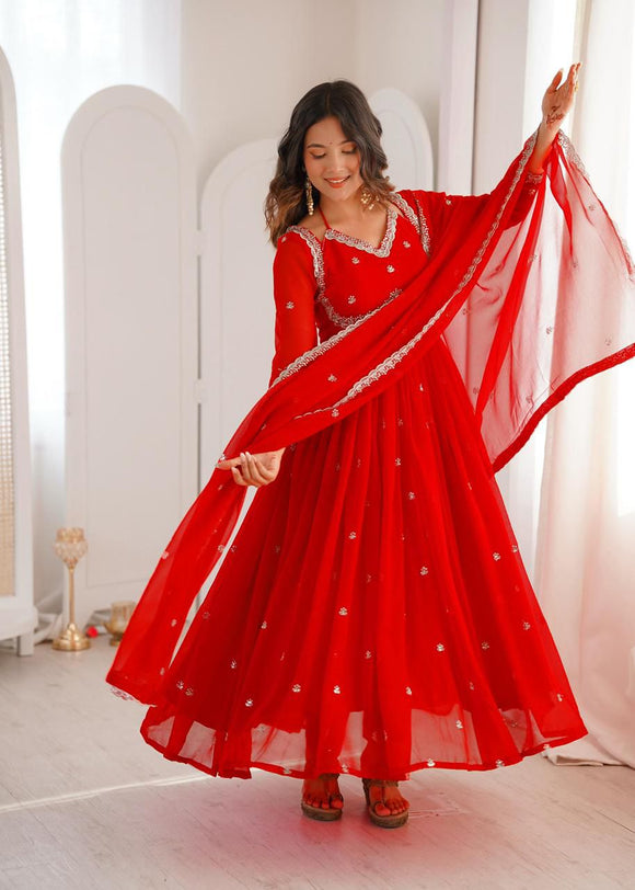 Sh T Launching New  Showcasing  Premium Brand Wear Red Georgette Anarkali Suit with Duppatta -TREND001RA