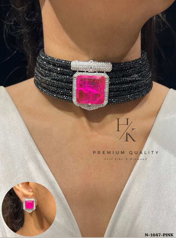 Doris , Designer Choker Necklace Set with Pink Centre stone -JAYDU001PS