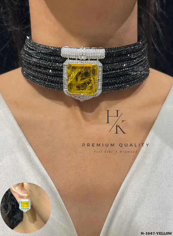 Athena  , Designer Choker Necklace Set with Yellow  Centre stone -JAYDU001YS