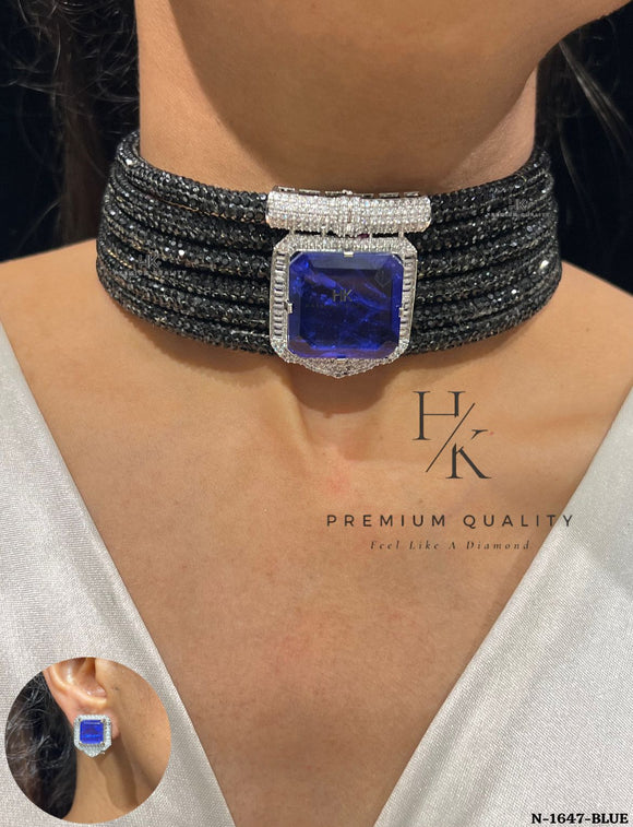 Hemera , Designer Choker Necklace Set with Deep Blue Centre stone -JAYDU001DBS