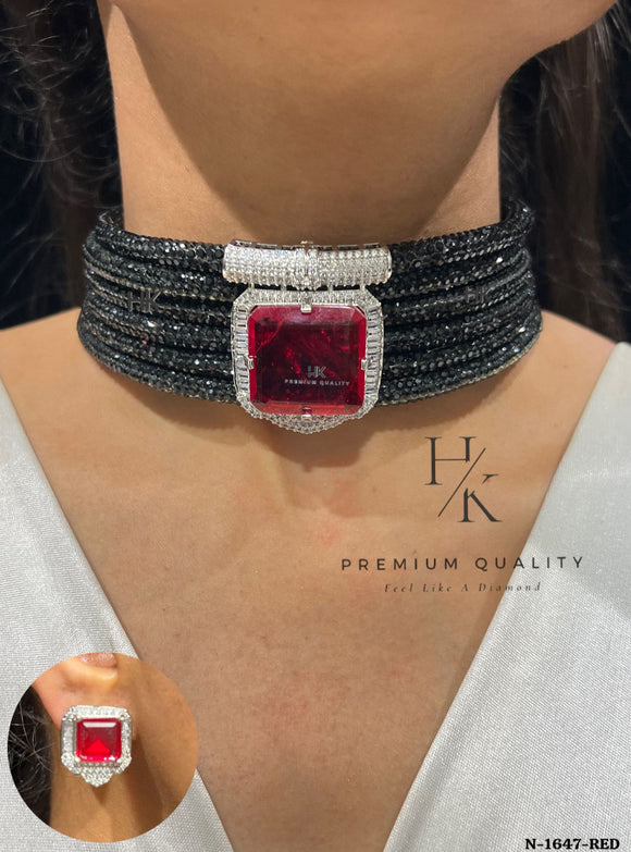 Alectrona , Designer Choker Necklace Set with Maroon Centre stone -JAYDU001MS