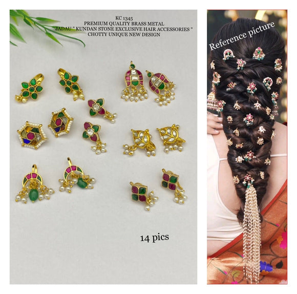 Navneetha , 14 pcs Gold Finish Jadau Kundan Hair Accessories combo  for Women -SHAKI001HAJ