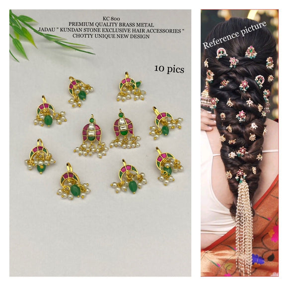 Madhavi ,  8 pcs Gold Finish Jadau Kundan Hair Accessories combo  for Women -SHAKI001HAH