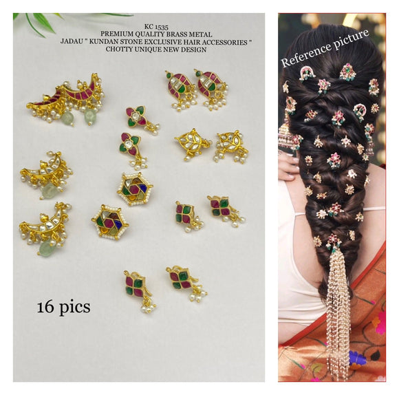 Urvashi , 16 pcs Gold Finish Jadau Kundan Hair Accessories combo  for Women -SHAKI001HAG