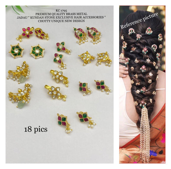 Seema , 18 pcs Gold Finish Jadau Kundan Hair Accessories combo  for Women -SHAKI001HAF
