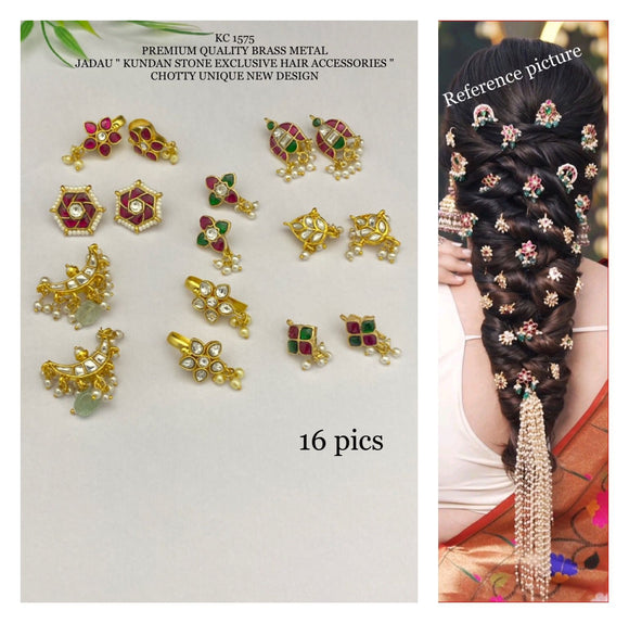 Ambika , 16 pcs Gold Finish Jadau Kundan Hair Accessories combo for Women -SHAKI001HAE