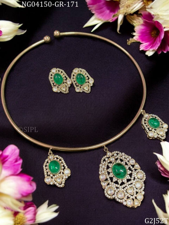 Janani, elegant Gold Finish Pipe Necklace Set With Green Stones for women -JAYDU001GN